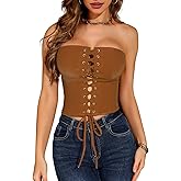 Womens Strapless Tube Tops Stretch Composite PU Leather Crop Top Lace Up Front Bandeau Tank Tops Going Out Corset