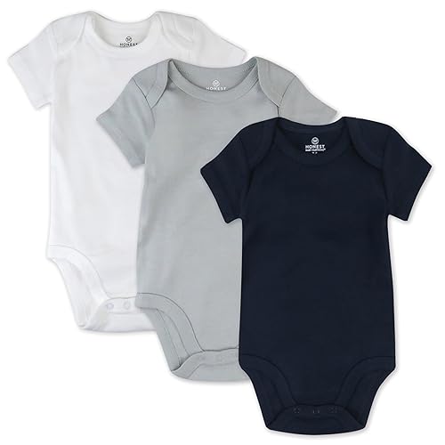 HonestBaby Multipack Short Sleeve Bodysuits One-Piece 100% Organic Cotton for Infant Baby Boys, Girls, Unisex, 3-Pack Dark Navy, Newborn