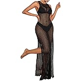 Verdusa Womens Crochet Dress Cover Ups Hollow Out Sleeveless Beach Split Knit Maxi Dresses