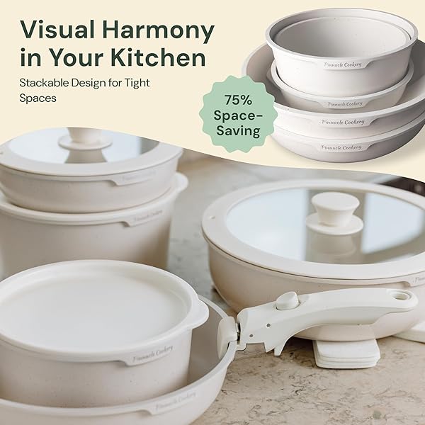 PINNACLE COOKERY 15-PIECE WHITE GRANITE NONSTICK COOKWARE SET – DETACHABLE HANDLES & TEMPERED GLASS LIDS – STACKABLE & COOL-TOUCH – INDUCTION & OVEN SAFE TO 480°F – SCRATCH-RESISTANT, PFOA & PFOS-FREE