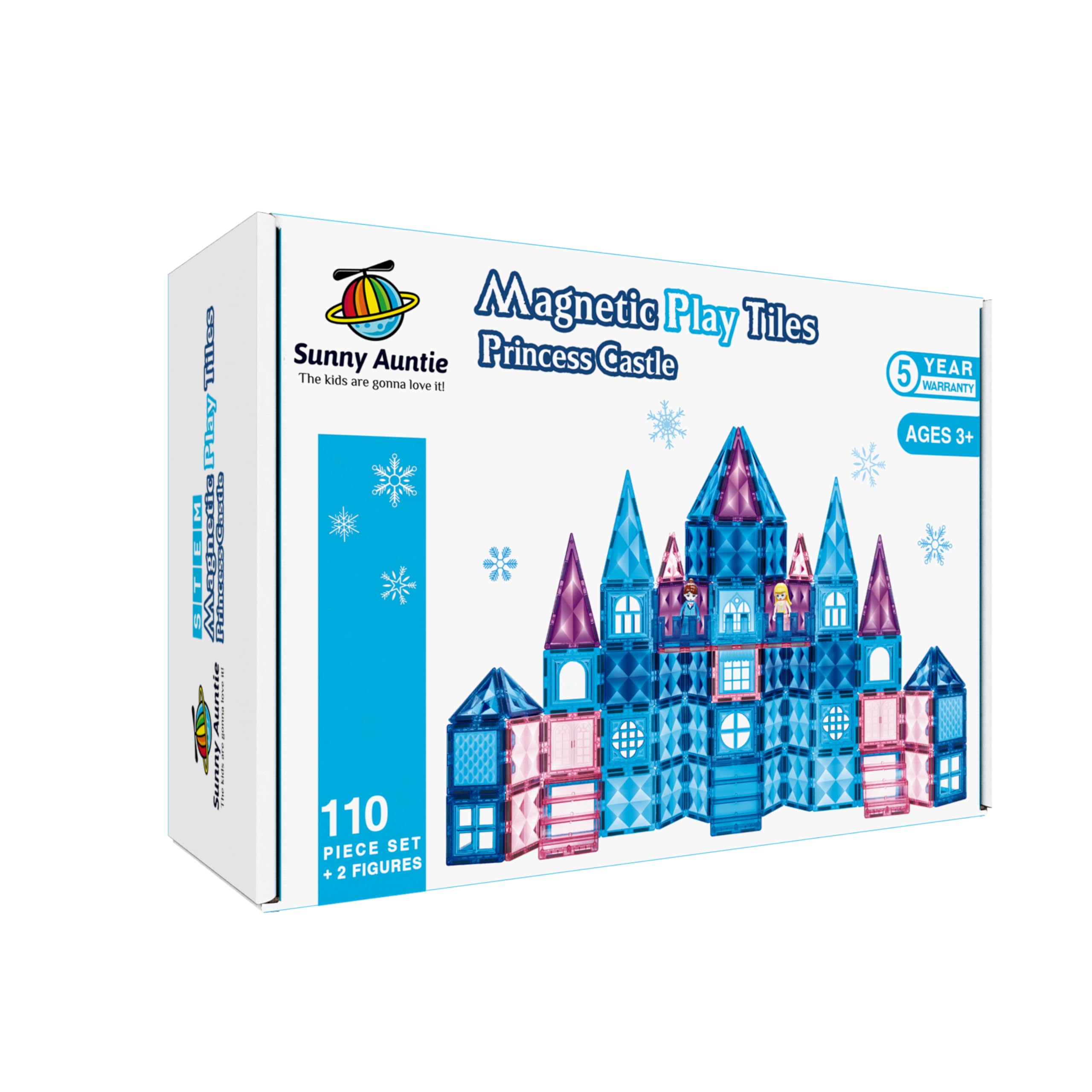 SUNNY AUNTIE Magnetic Tiles 110 PCS, Princess Castle Magnet Blocks, Toys for Girls, 3 4 5 6 7 8 Year Old Girl Birthday Gift Ideas, Magnetic Building Blocks + Zippered Carrying Case + 2 Dolls Gift