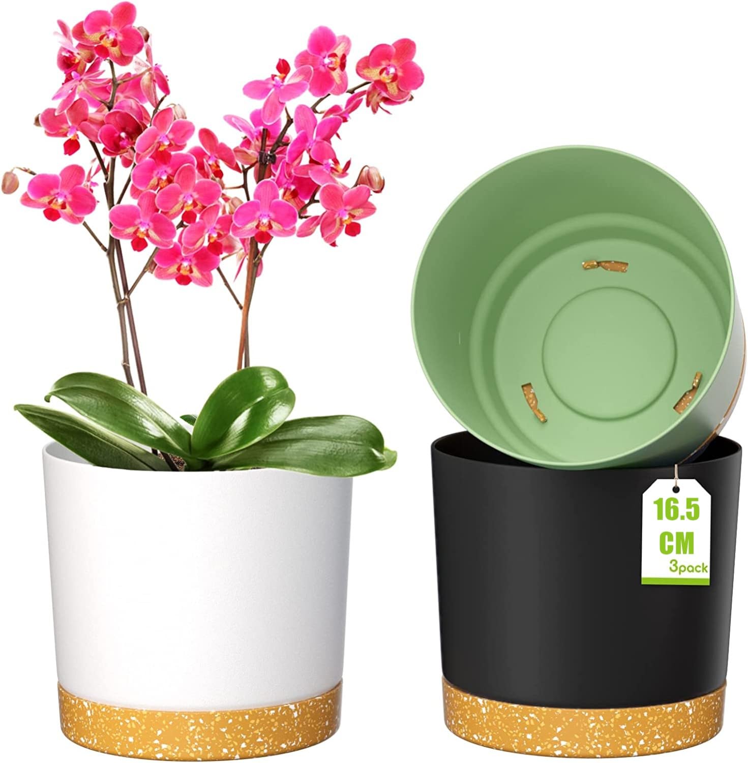 LATERN 3Pcs Self Watering Plant Pots, 16.5CM Round Plastic Flower Pot Garden Plant Container for Succulent Herb Orchid Mint House Bonsai Plants - with Drainage Holes and Saucers (3 Colors)