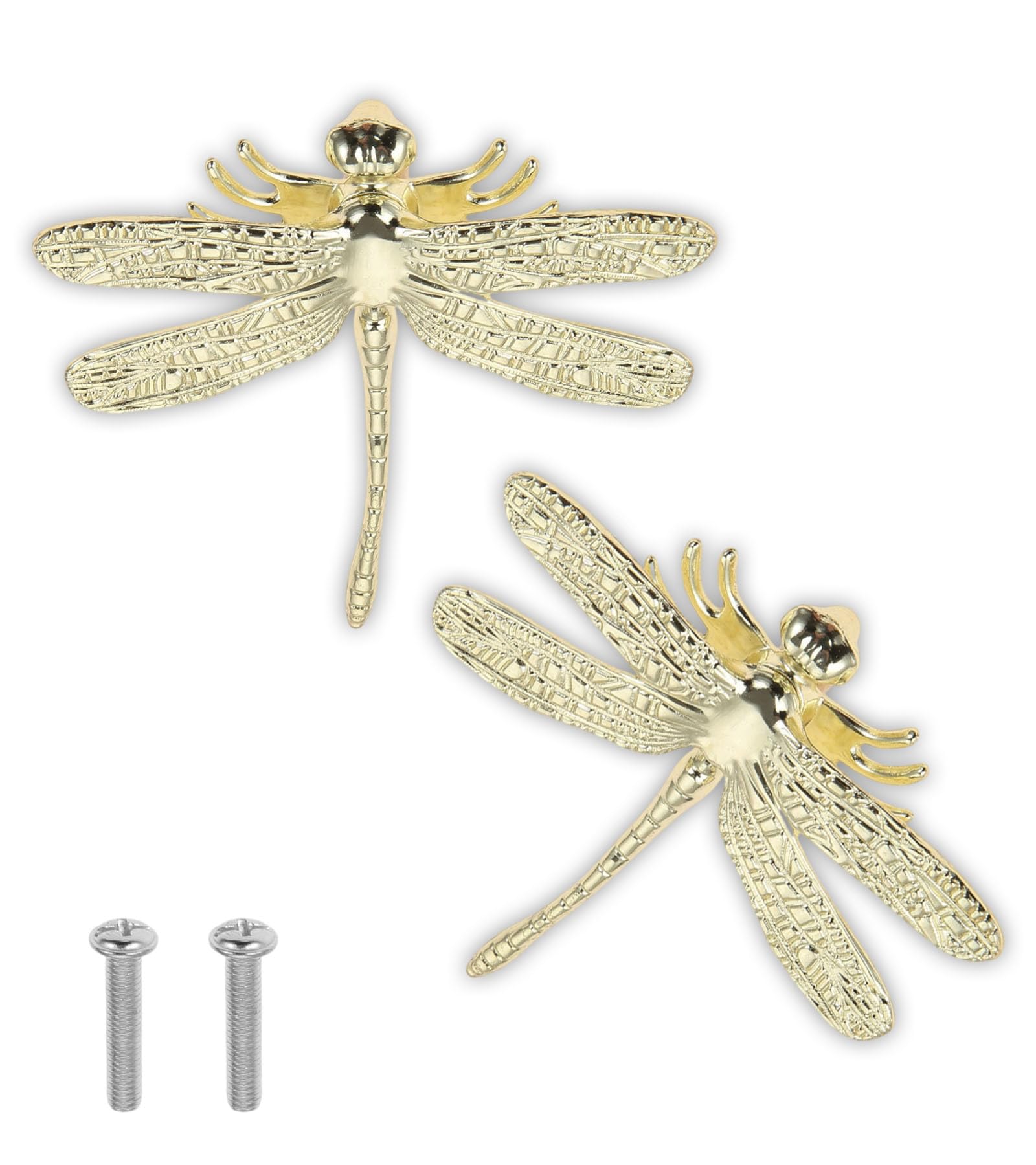 SURIEEN 2Pcs Gold Dragonfly Drawer Knobs, Brass Finish Cabinet Handles, Unique Animal Pull Handles for Dresser Wardrobe Cupboard, Decorative Furniture Hardware Knobs with Screws