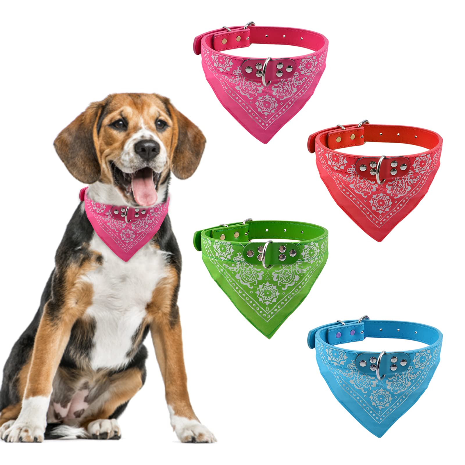 HACRAHO Dog Collar Bandanas, 4 Pieces Triangle Dog Scarf Collar Dog Bandanas Collar with Adjustable Strap for Medium Large Dogs, Red, Green, Rose Red, Sky Blue, L