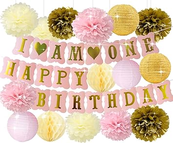 Happyfield First Birthday Decorations For Girl Pink Gold I Am