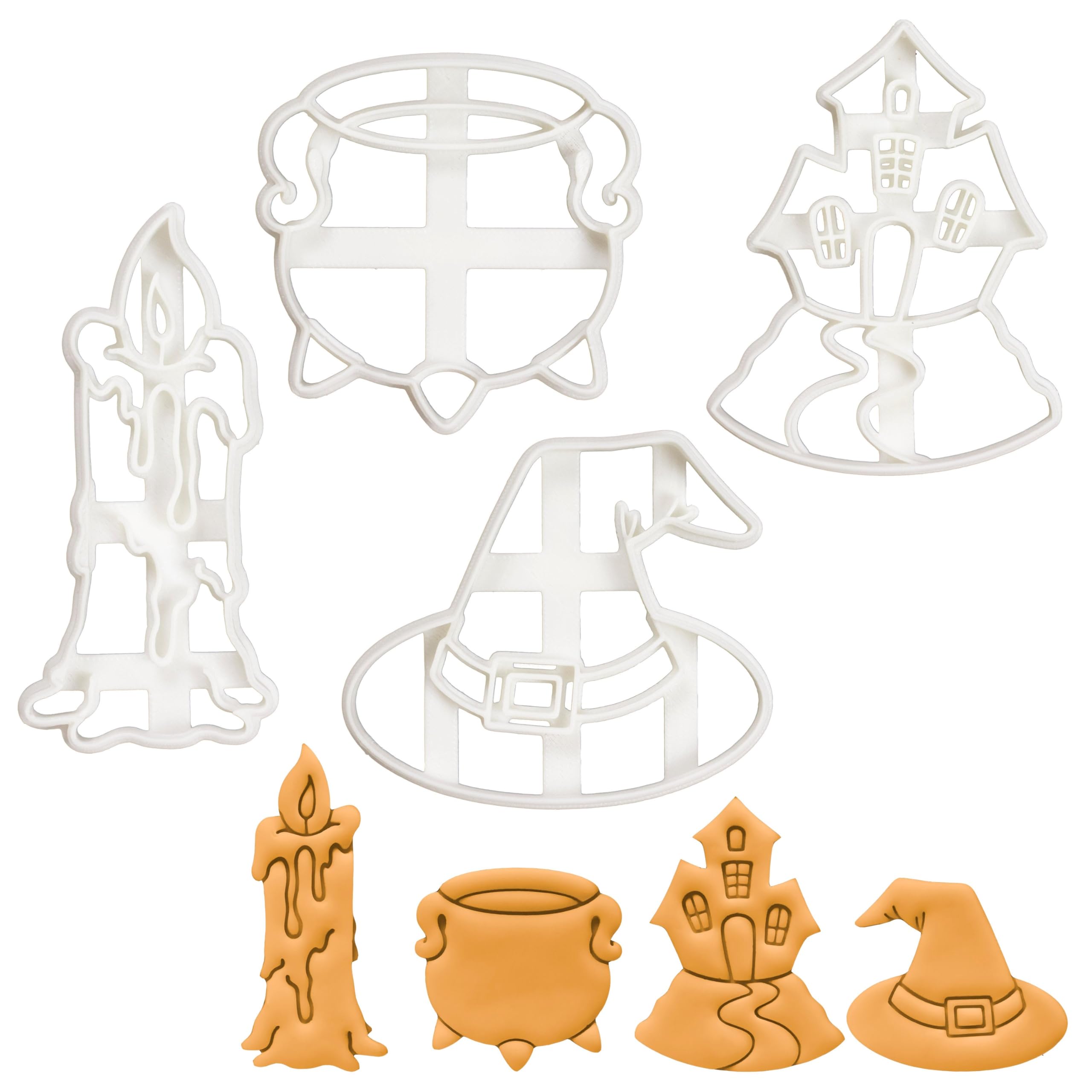 BAKERLOGY Set of 4 Witchcraft Theme Cookie Cutters (Designs: Candle, Cauldron, Witch Hat, and Haunted House) - Detailed Biscuit Cutter Design for Baking and Crafts, Ideal on Fondant, Dough, Clay