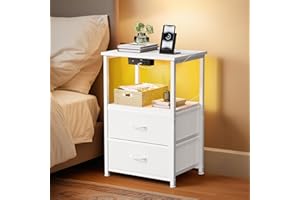 Klaus Kelsie Land Nightstand with Charging Station and LED Lights, Small Night Stand for Bedroom with Fabric Drawer and Storage Shelf, End Table with Waterproof Top, Easy Assembly, White