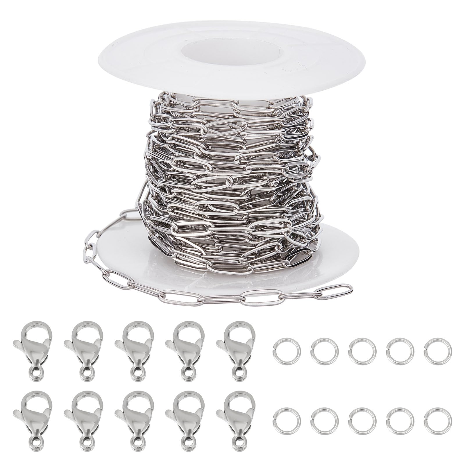 SUNNYCLUE 16.4Feet/ 5M Paper Clip Chain Spool Stainless Steel Silver Color Paperclip Chains Roll 30Pcs Open Jump Rings 10Pcs Lobster Claw Clasps for jewellery Making Supplies Men Women DIY Craft — image 1