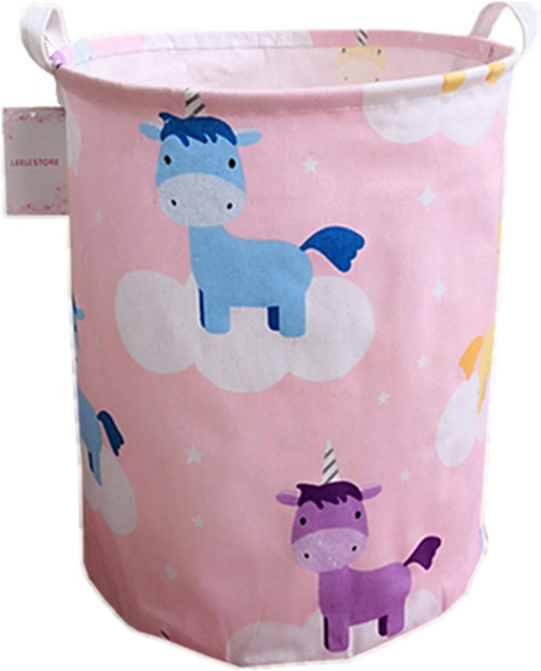 Laundry Hamper with Handles Collapsible Canvas Laundry Basket,Waterproof Storage Basket Home Organizer for Nursery,Clothes,Toys,Baby Hamper19.7×15.7(pink unicorn)