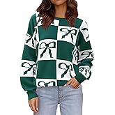 Saodimallsu Womens Color Block Bow Sweater Oversized Crewneck Long Sleeve Knit Warm Pullover Tops