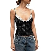 Women Lace Trim Tank Tops Y2k Polka Dot Sleeveless Backless V Neck Cropped Camisole Cute Summer Going Out Streetwear