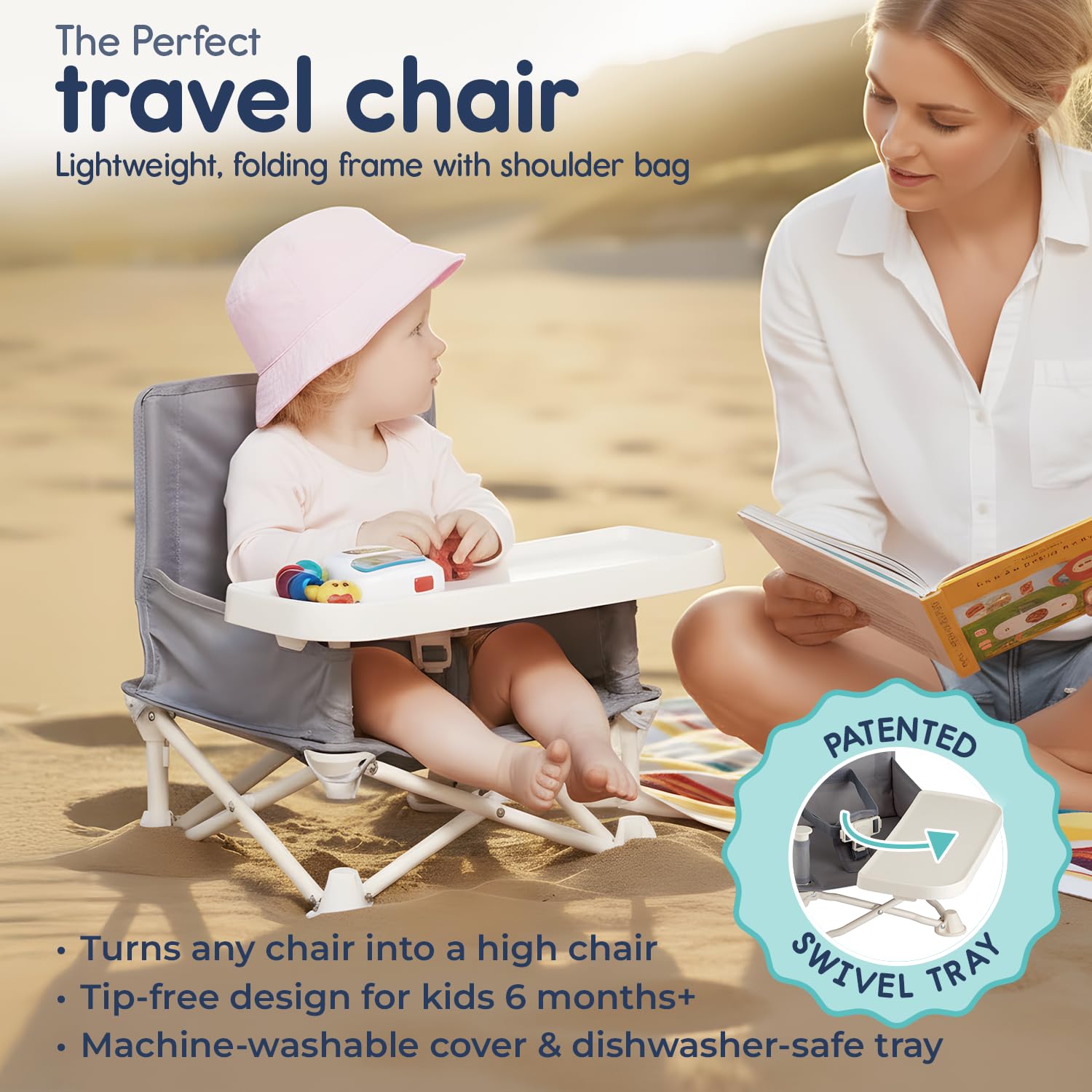 Hiccapop OmniBoost Travel Booster Seat with Tray for Baby, Dining Table, Camping, Beach, Grandma’s | Folding Portable Tip-Free Design Straps to Kitchen Chairs