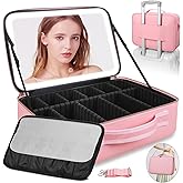 Upgraded Large Travel Makeup Bag with LED Mirror, 15” Professional Makeup Case with 3 Color Modes Dimming Lighted Mirror, Light up Cosmetic Make up Organizer with PU Leather Cover, Adjustable Dividers