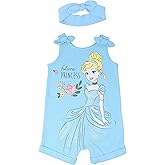 Disney Princess Rapunzel Ariel Belle Jasmine Aurora Baby Girls Snap Romper and Headband Newborn to Toddler