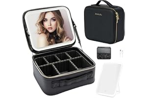 ZhenGuiRu Travel Makeup Bag with LED Mirror – Waterproof Cosmetic Train Case with Adjustable Dividers, Portable Makeup Organizer and Toiletry Bag for Women, Teens & Girls Gift, Black
