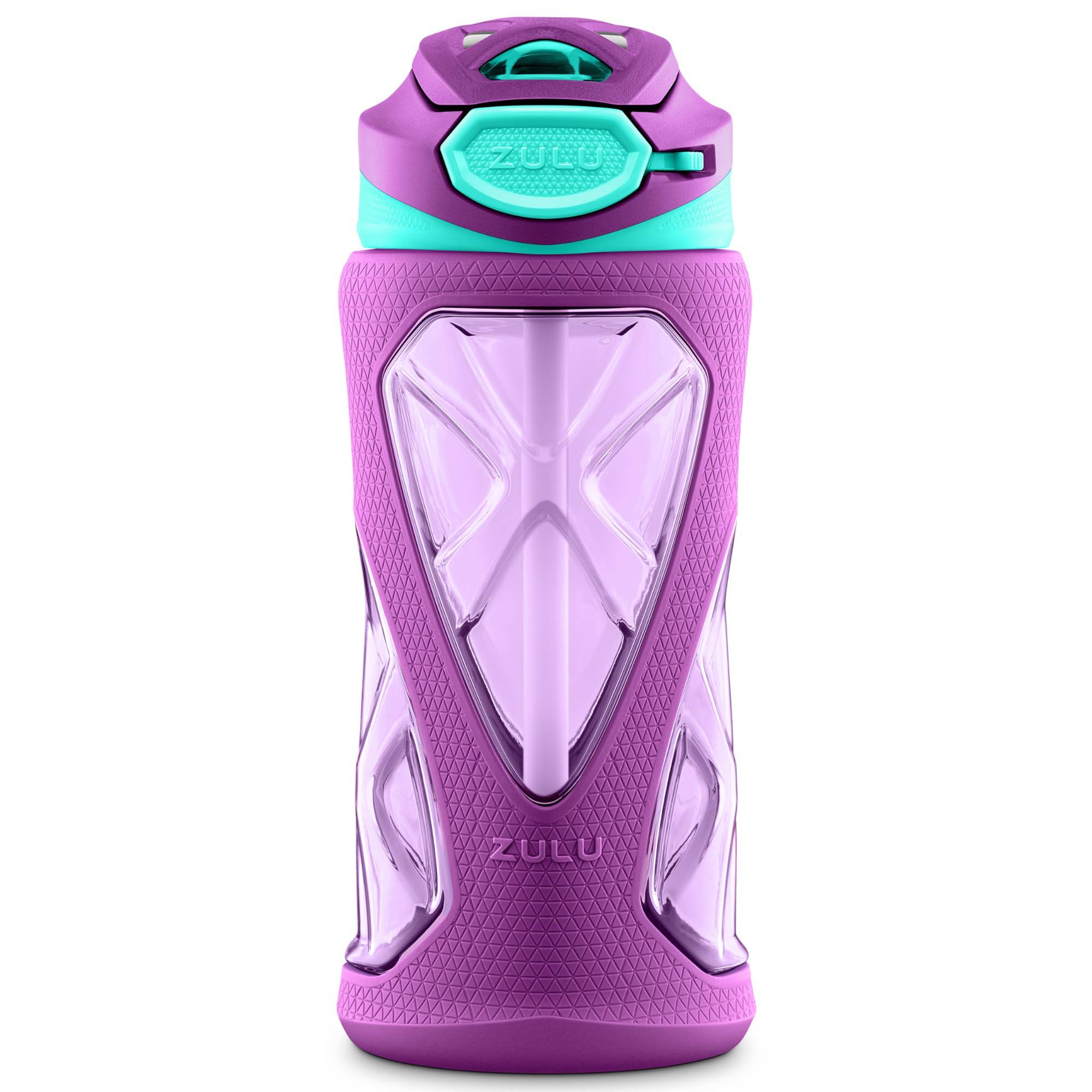 Photo 1 of ZULU Torque 16oz Plastic Kids Water Bottle with Silicone Sleeve and Leak-Proof Locking Flip Lid, Soft Touch Carry Loop for School Backpack, Lunchbox, BPA-Free Dishwasher Safe, Purple