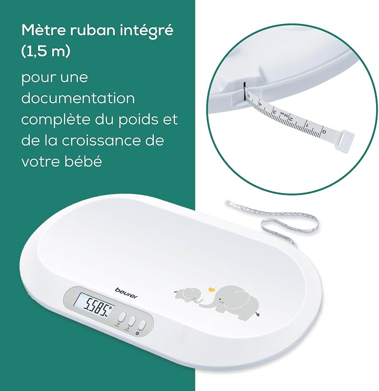 BY 90 Pèse-bébé connecté avec ruban mesureur intégré, application gratuite (iOS + Android), capacité de charge de 20 kg et fonction de maintien pour bébés gigoteurs