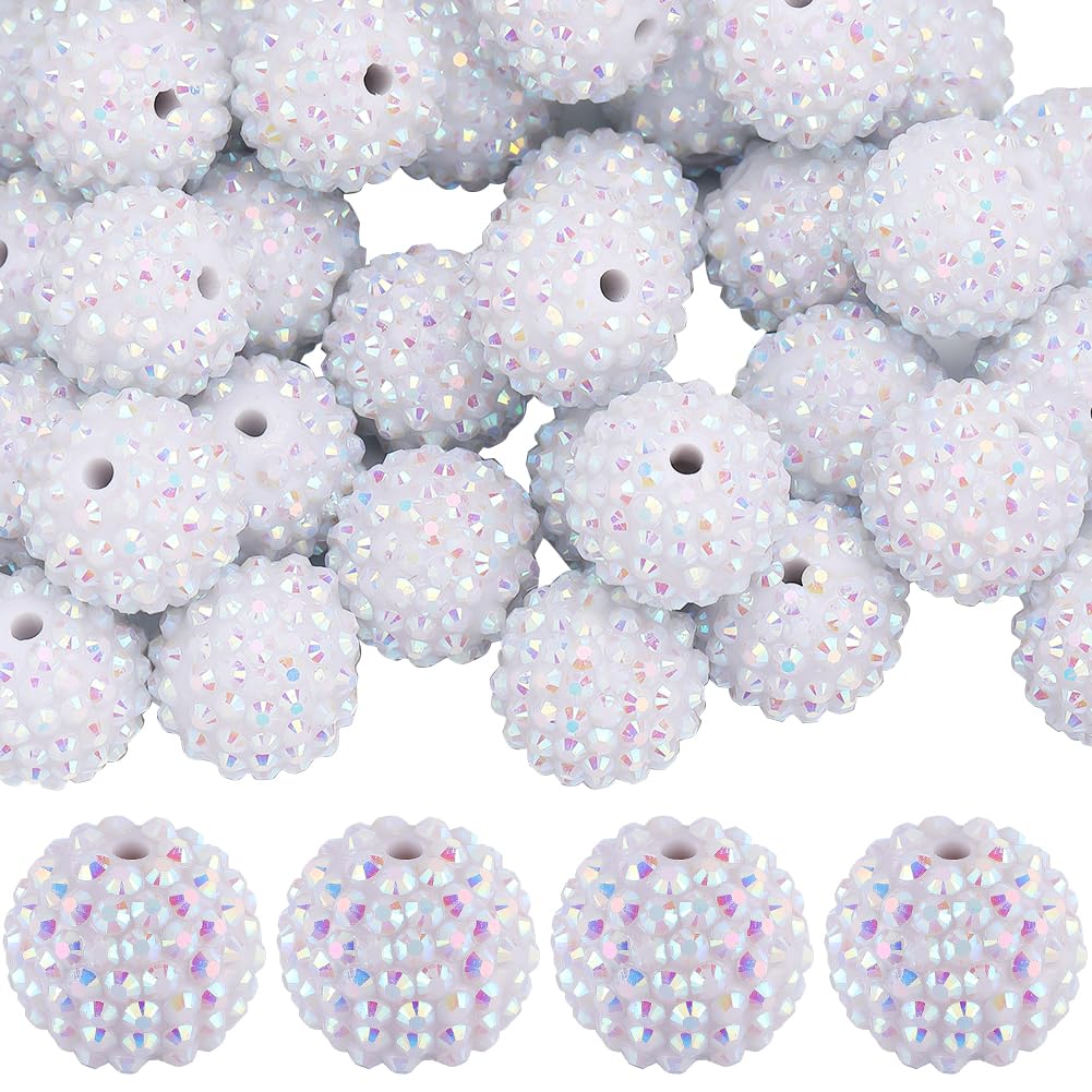 SUNNYCLUE 40Pcs Chunky Resin Rhinestone Beads 20mm White Rhinestone Round Beads Disco Ball Beads Chunky Bead Bulk Bubblegum Beads Spacer Beads for jewellery Making Bracelet Necklace Pen Craft Supplies