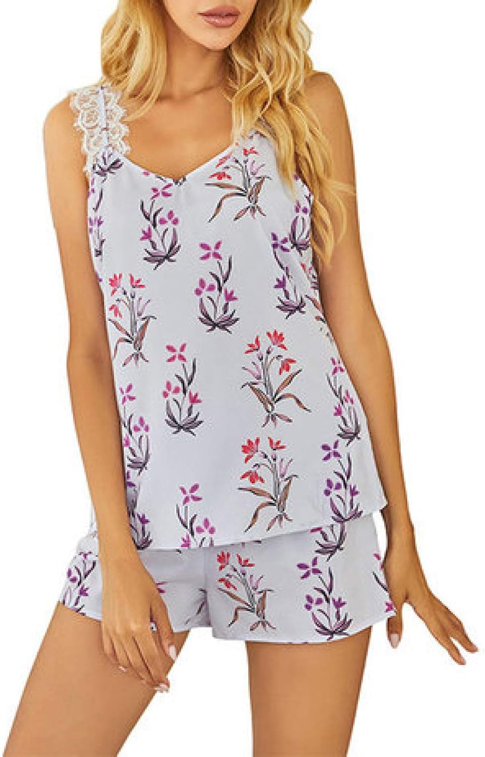 FOBEXISS Womens Floral 2 Piece Pajamas Set VNeck Sleeveless Lace Strap