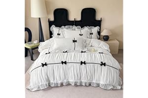 SOUKECHY Ruffle Beddding Set with Bowtie,Girls Lace Bedding,White Queen Comforter Cover Set, Chic Ruffled Duvet Cover with Lovely Bow,Princess Style 1 Duvet Cover with 2 Pillowcases, No Comforter
