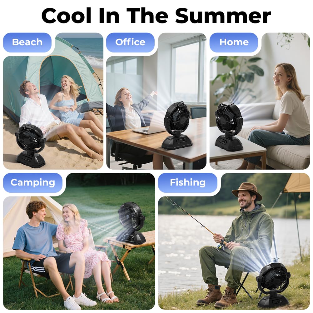 Rechargeable Camping Fan 30000mAh with RGB Lantern, 0-100 Wind Speeds Portable Battery Operated Oscillating with LED Display, 360° Airflow Tent Beach Cordless Travel Fans for Outdoor Home Office