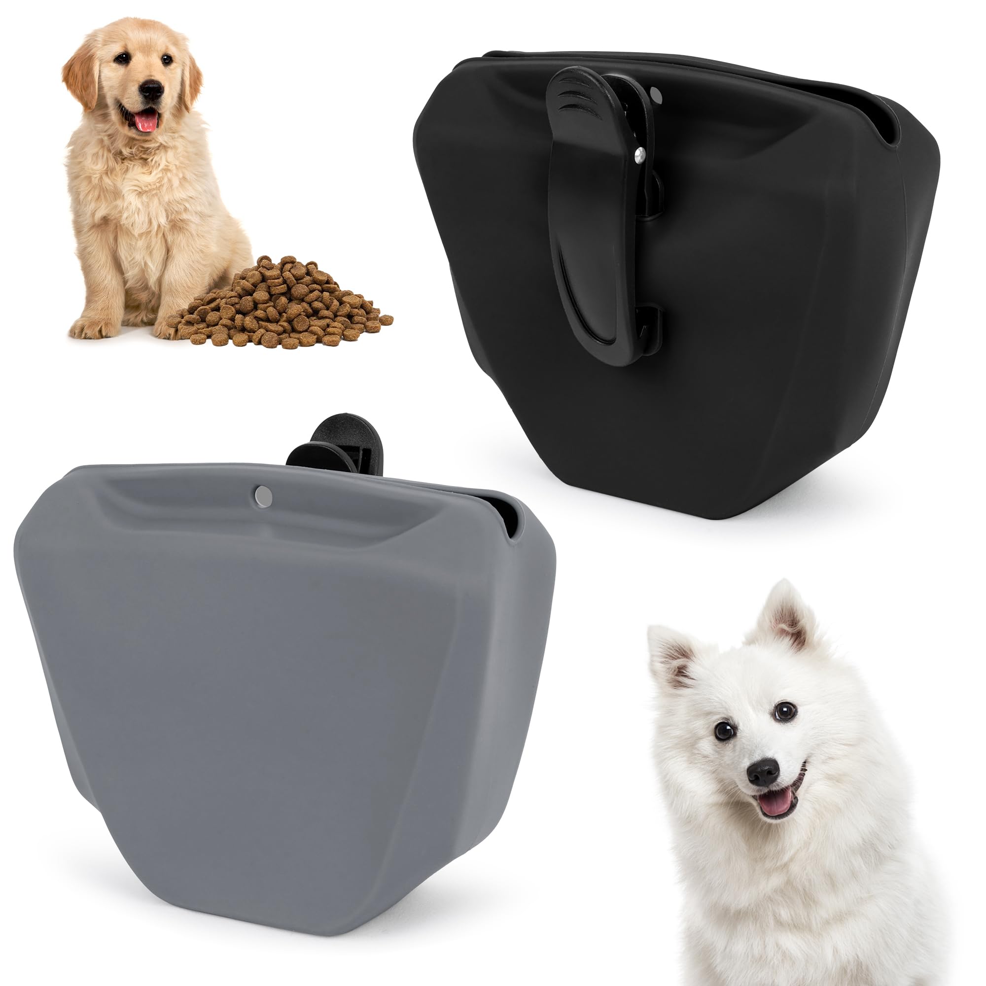 2PCS Silicone Dog Treat Pouch with Magnetic Buckle Closing and Waist Clip, Treat Bags for Dog Training, Portable Training Container for Outdoor Use (Black and Grey)