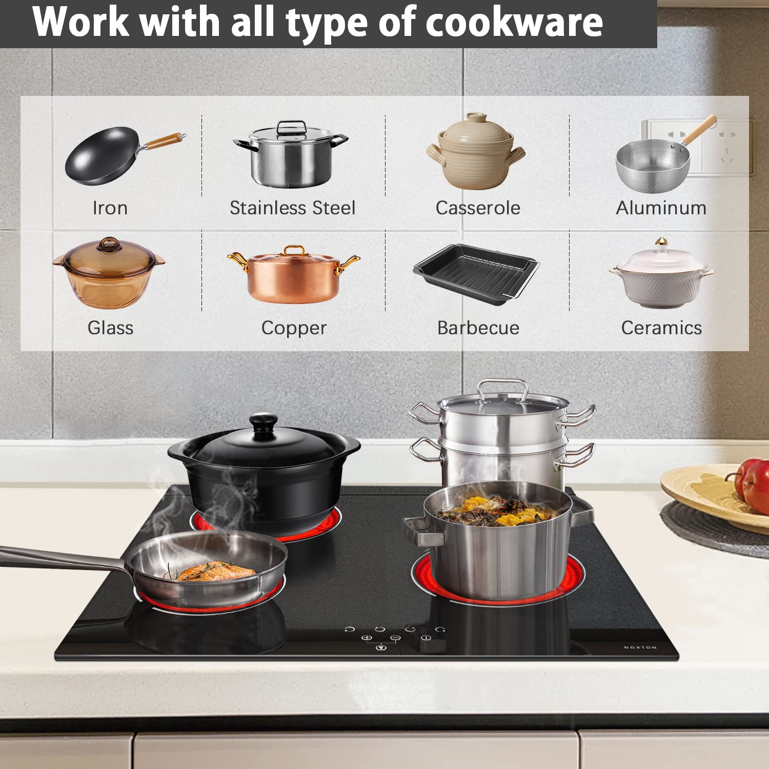 Noxton 24 Inch Electric Cooktop 4 Burners Electric Stove, Built-in Ceramic Cooktop with Touch Control Child Lock Timer Easy To Clean with Hard Wire 6000W 240V