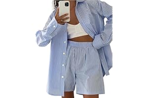 SAFRISIOR Women’s 2 Piece Casual Tracksuit Outfit Sets Stripe Long Sleeve Shirt And Loose High Waisted Mini Shorts Set