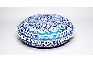 CRAFT KALA 32" Large Round Bohemian Floor Pillow Cover Boho Pouf Cover Mandala Meditation Room Pillows Cover Adults Seating Poufs Cushion Cover for Kids Reading Playroom Blue Ombre