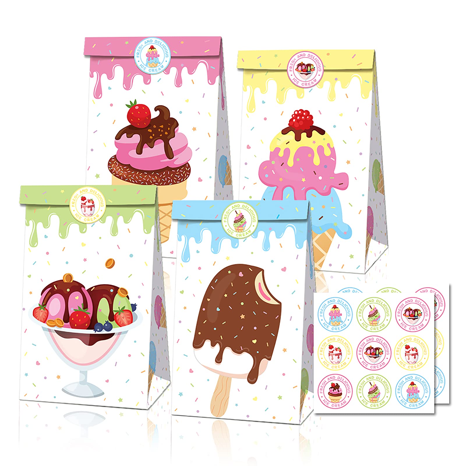12pcs Party Gift Bag Ice Cream Themed Bag Dessert bag Kraft Paper Bag Packaging Bag for Themed Party Birthday Supplies Decorations