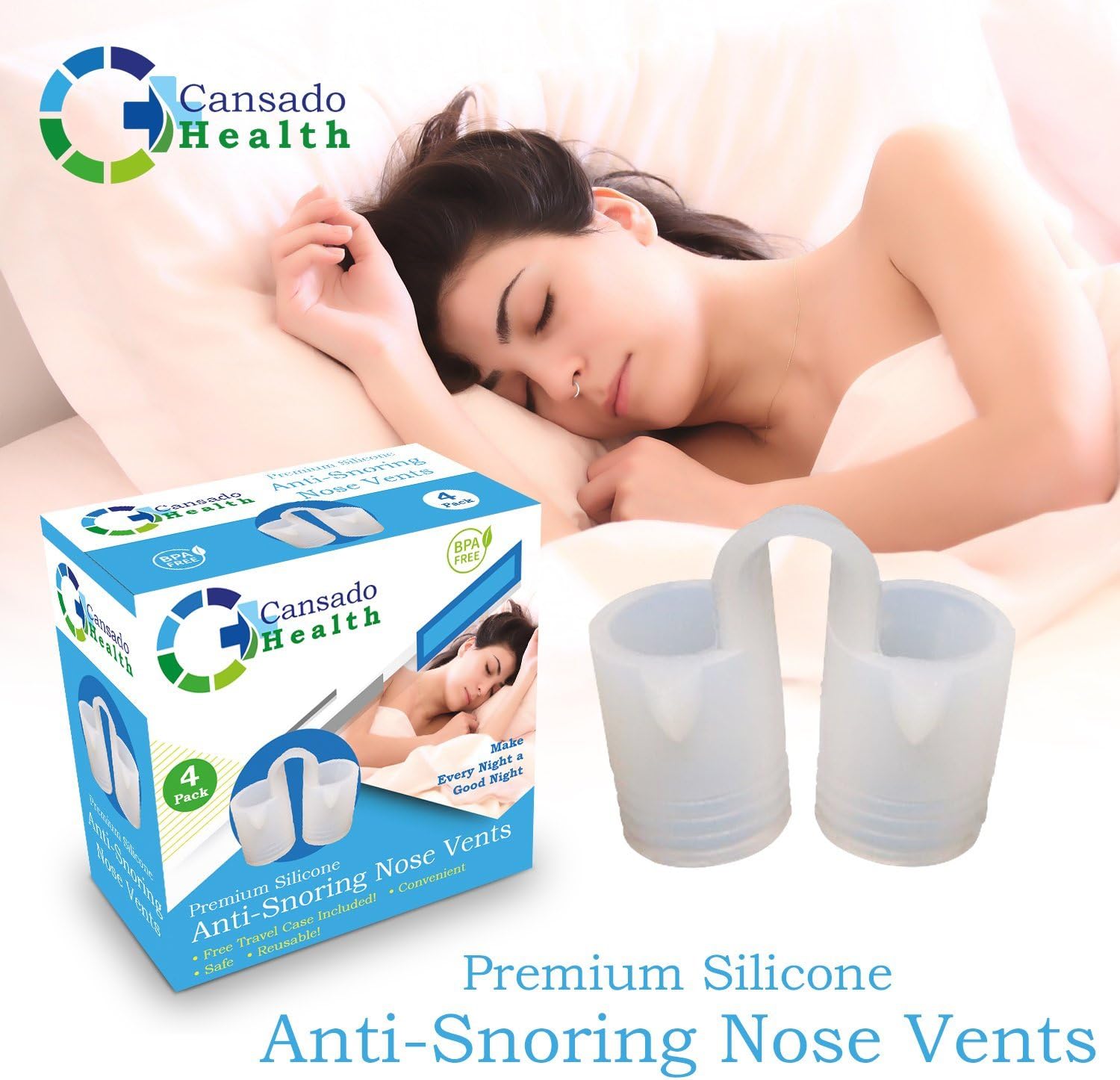 CansadoHealth - Premium Silicone Anti Snoring Nose Vents (Set of 4 Sizes) Natural, Effective, Reusable, and Safe Anti Snoring Devices - Comes with Free Travel Case