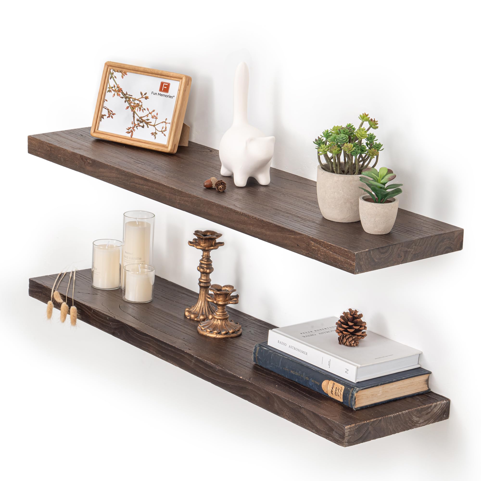 Photo 1 of Fun Memories Floating Shelves for Wall, 36"x9.3" Rustic Solid Elm Wood Shelves, Heavy-Duty Wall Mounted Shelves with Invisible Brackets, Set of 2 for Living Room, Bedroom, Kitchen, Walnut Finish