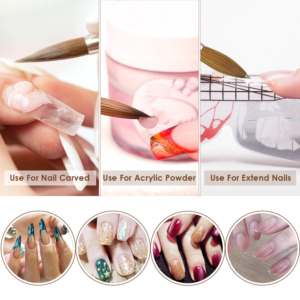 100% Kolinsky Sable Nail Brush, Hermounas Acrylic Nail Art Brush Size 8 Round Oval for Acrylic Powder Manicure Pedicure Application with Special Liquid Glitter Handle : Beauty
