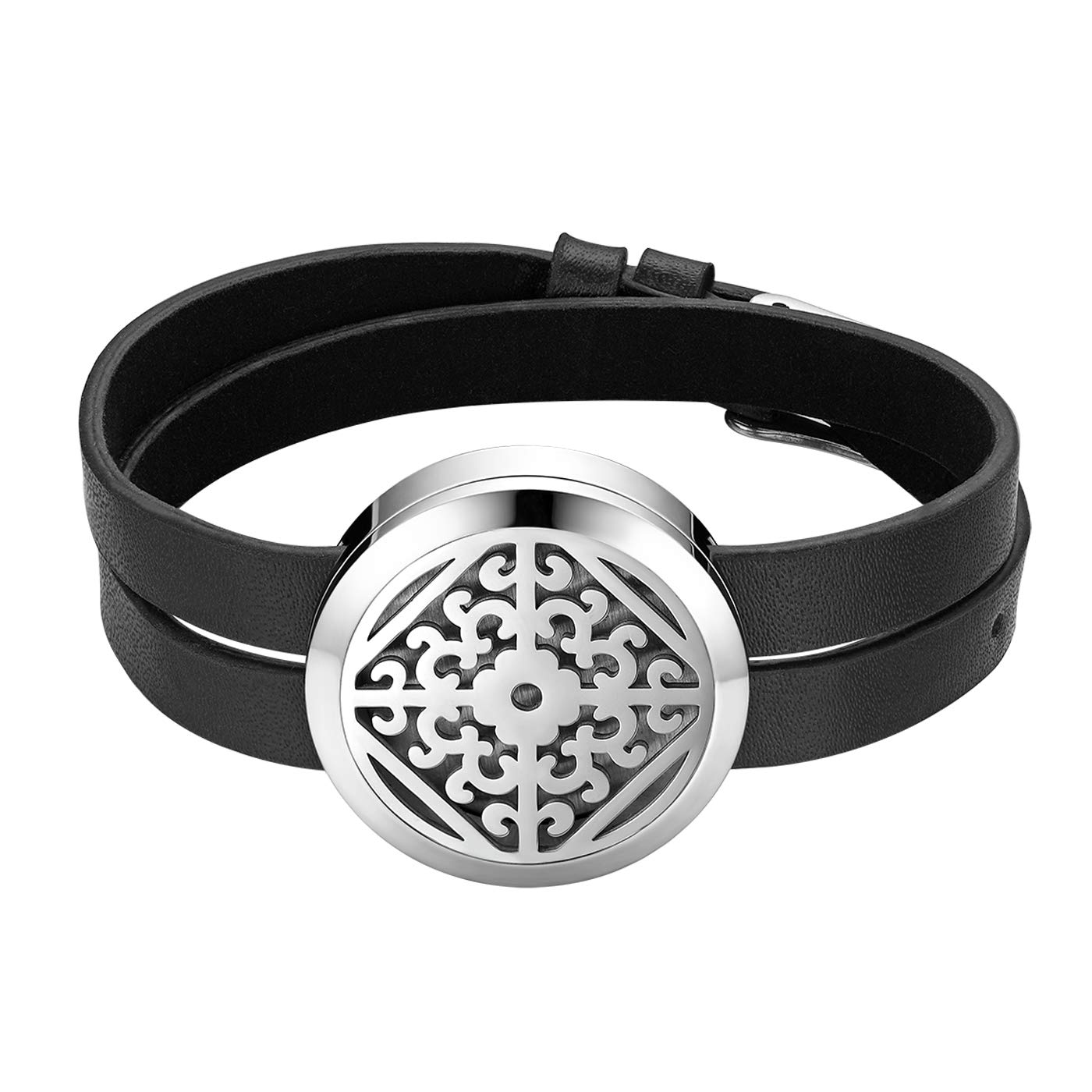 JewelryWe Essential Oil Diffuser Bracelet,Stainless Steel Aromatherapy Locket Bracelets Leather Band with 6 Color Pads,Adjustable Size for Women Girls