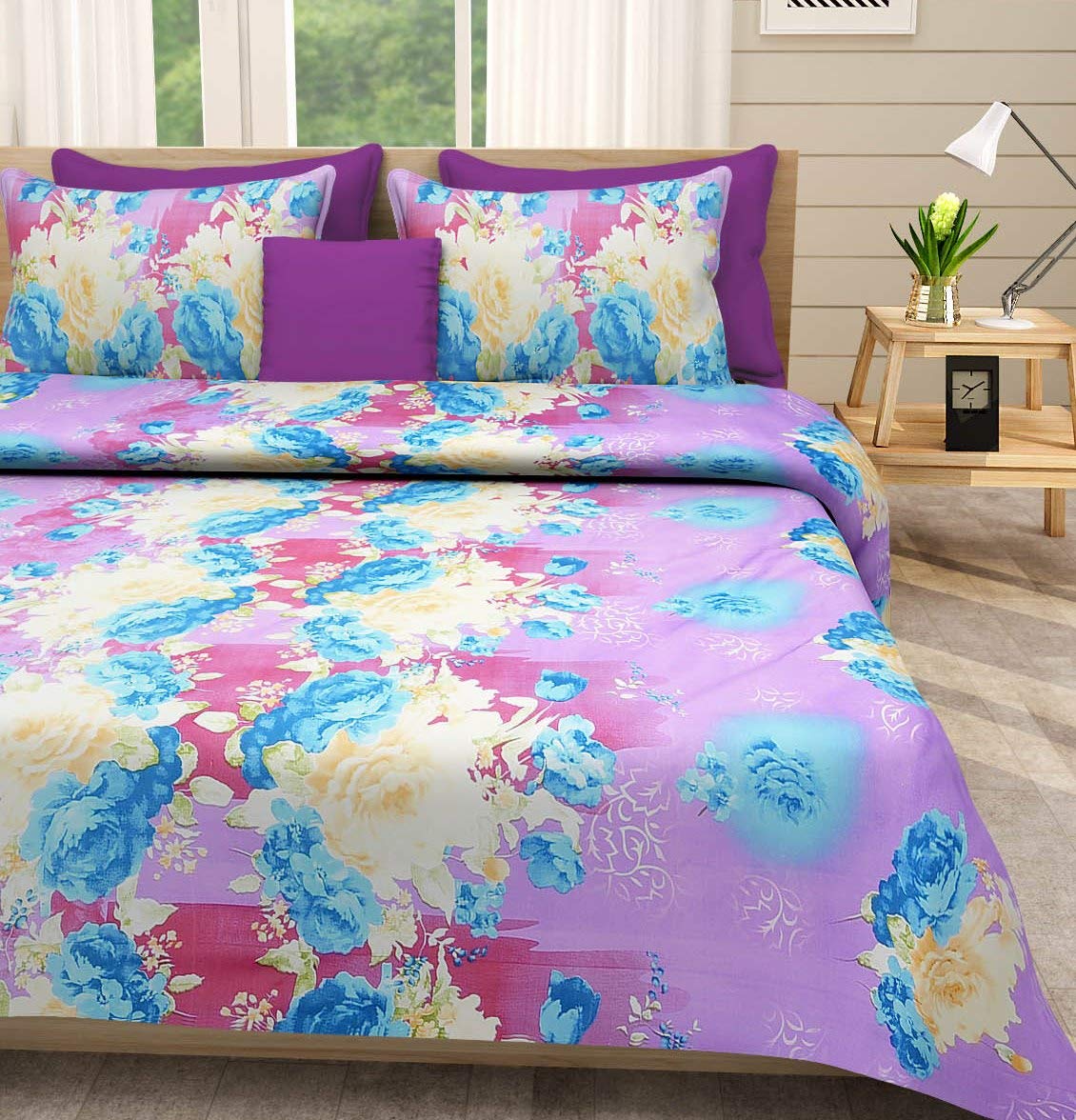 First Row Purple Floral Print Bed Sheet with Two Pillow Covers Amazon