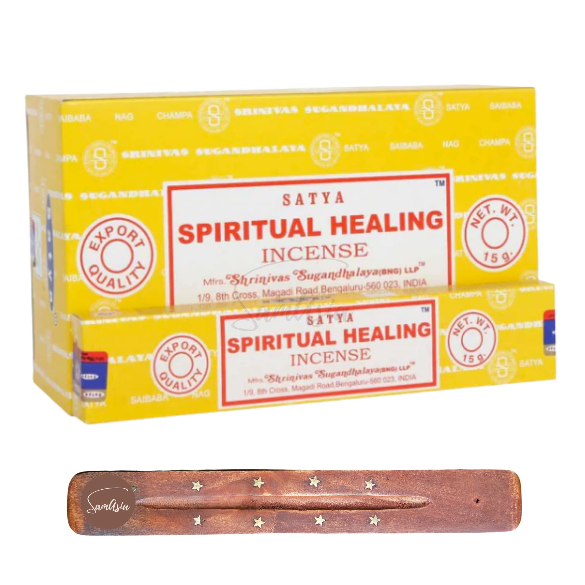 Satya Nag Champa Spiritual Healing Incense Sticks | x12 pack | with SAMASIA incense sticks holder | Used for Spomatherapy, Spa, Yoga, Weddings, Meditation, Healing, Positivity and Relaxation