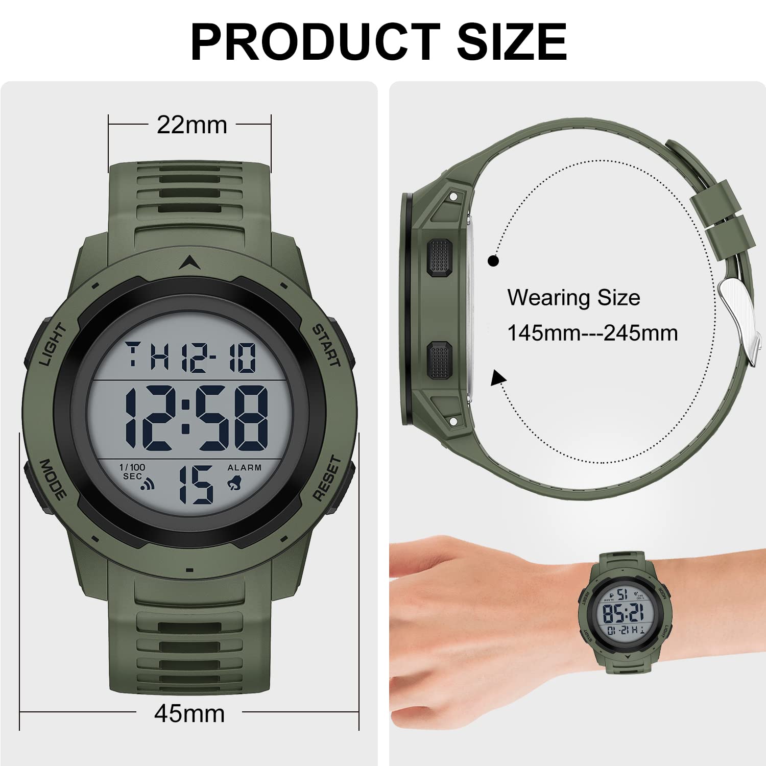 GOLDEN HOUR Mens Waterproof Digital Sport Watches Wide Screen Easy Read Display Military Style with Rubber Strap