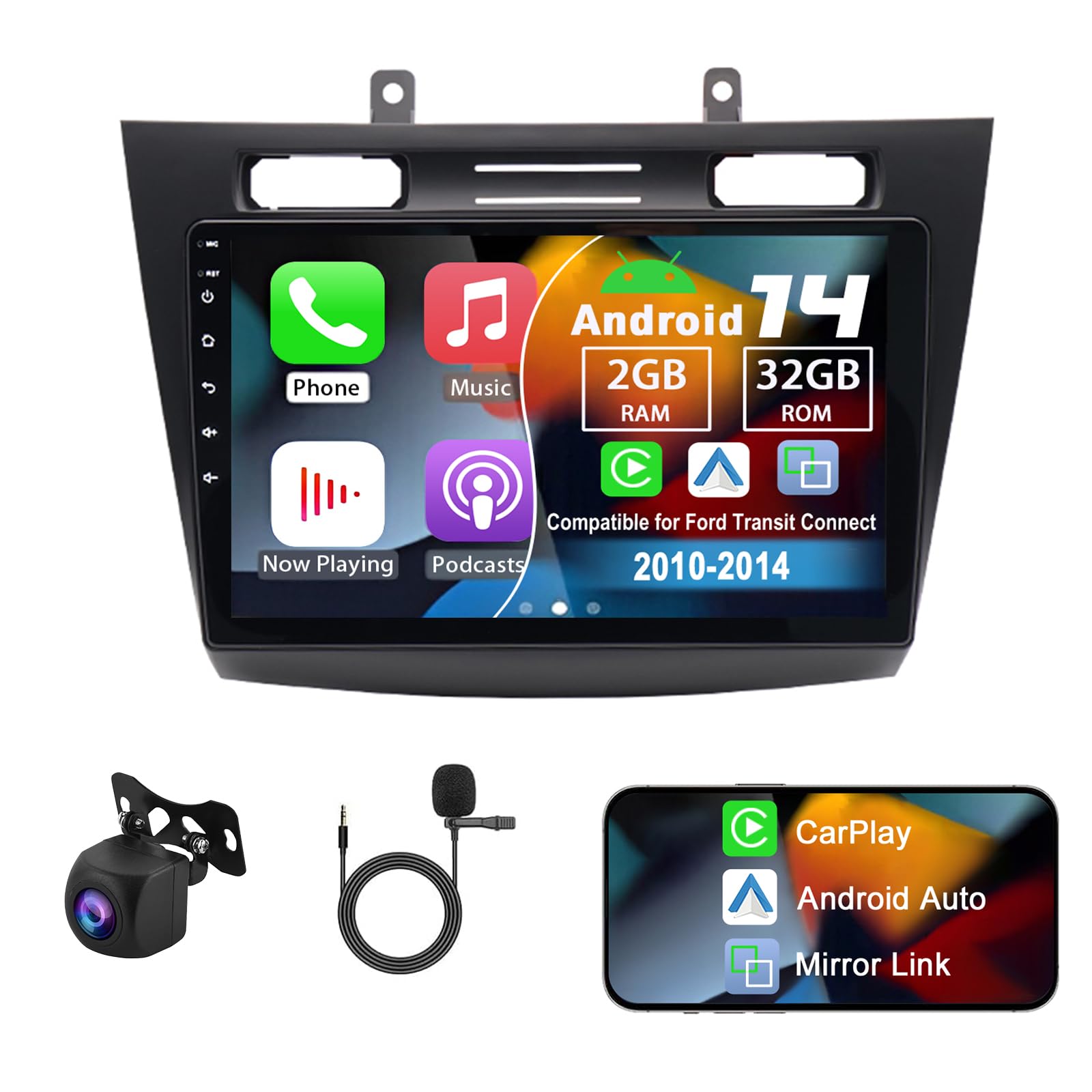 Photo 1 of **PARTS ONLY**Slakerbe Android 14 Double Din Car Radio Compatible with Ford Transit Connect 2010-2014, 10" Touch Screen Car Stereo with Wireless Carplay Android Auto GPS WiFi Mic Backup Camera (2+32G)