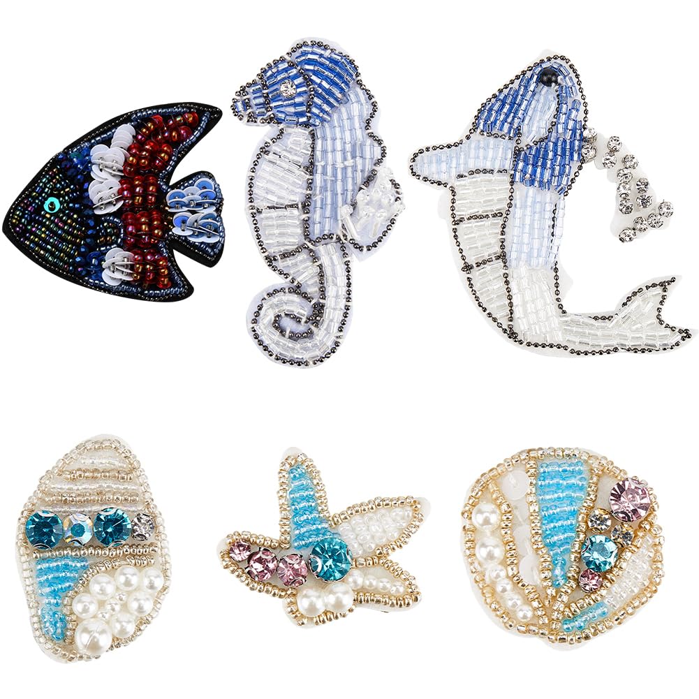GORGECRAFT 6 Styles Rhinestone Beaded Applique Crystal Pearl Sea Animal Ocean Life Shell Conch Starfish Sew on Embroidery Patches for DIY Craft Party Dress Costume Jeans Shoes Bag Hat Decor