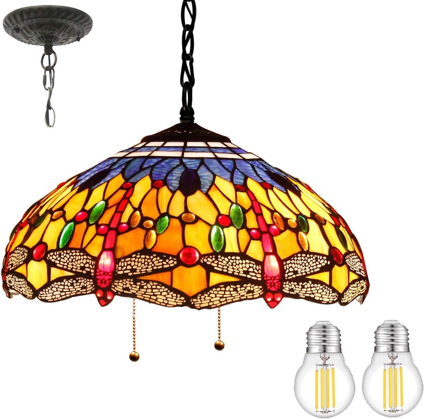 Tiffany Hanging Lamp 16 Inch(LED Bulb Included)Pendant Light Blue Orange Stained Glass Dragonfly Shade Chandelier Ceiling Fixture S168 WERFACTORY Decorate Dining Living Room Bedroom Cafe Hallway Loft - - 
