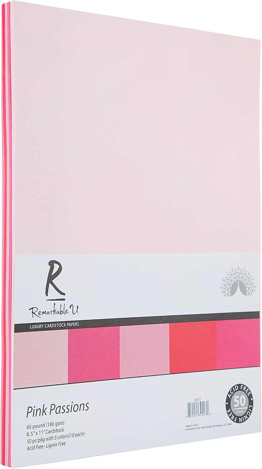 Premium Colored Cardstock Paper 8.5” x 11”, Assorted Pink