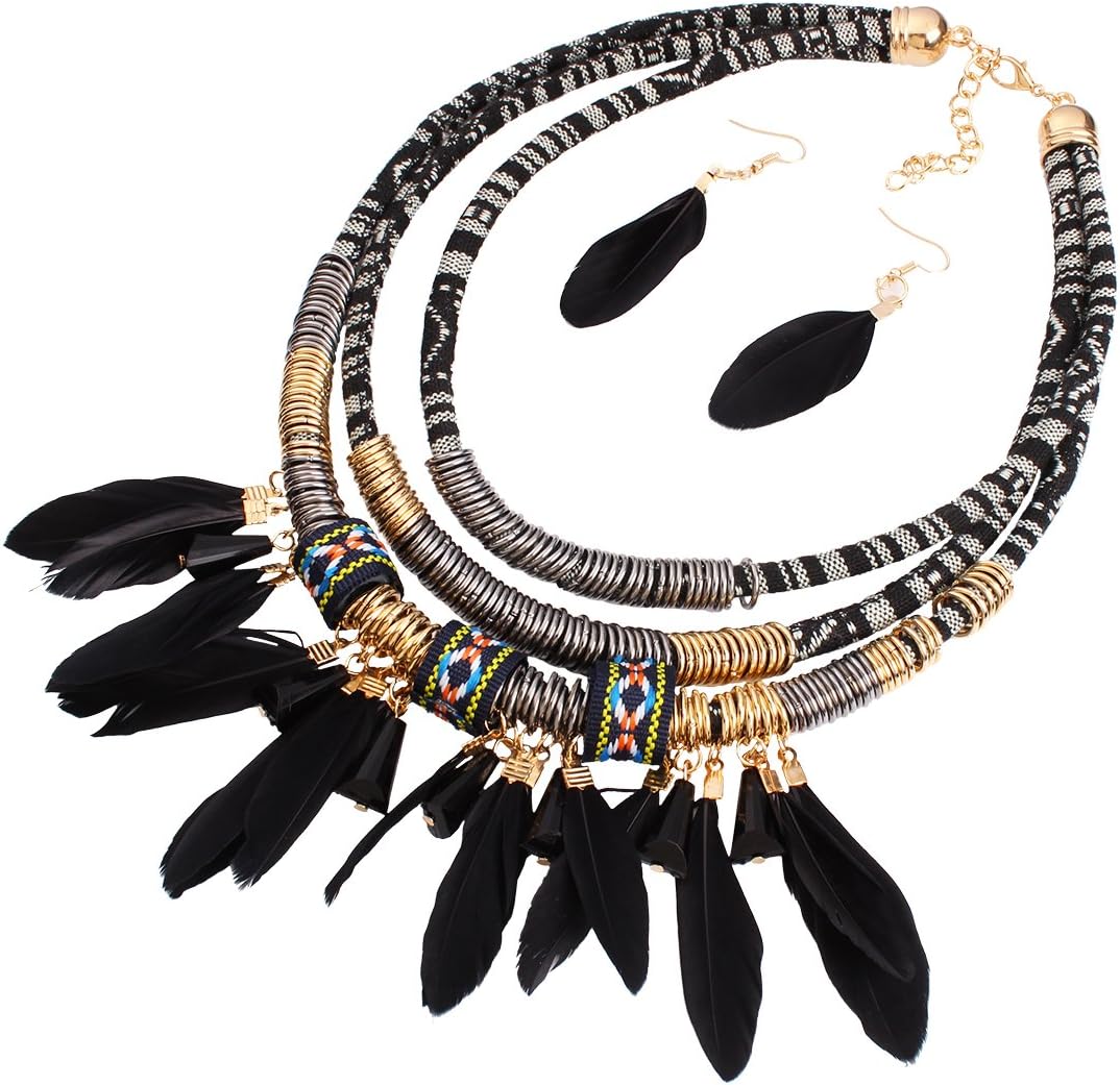 XY Fancy Feather Pendant Multi Layers Tribal Bib Necklace Statement Earring Jewelry Set