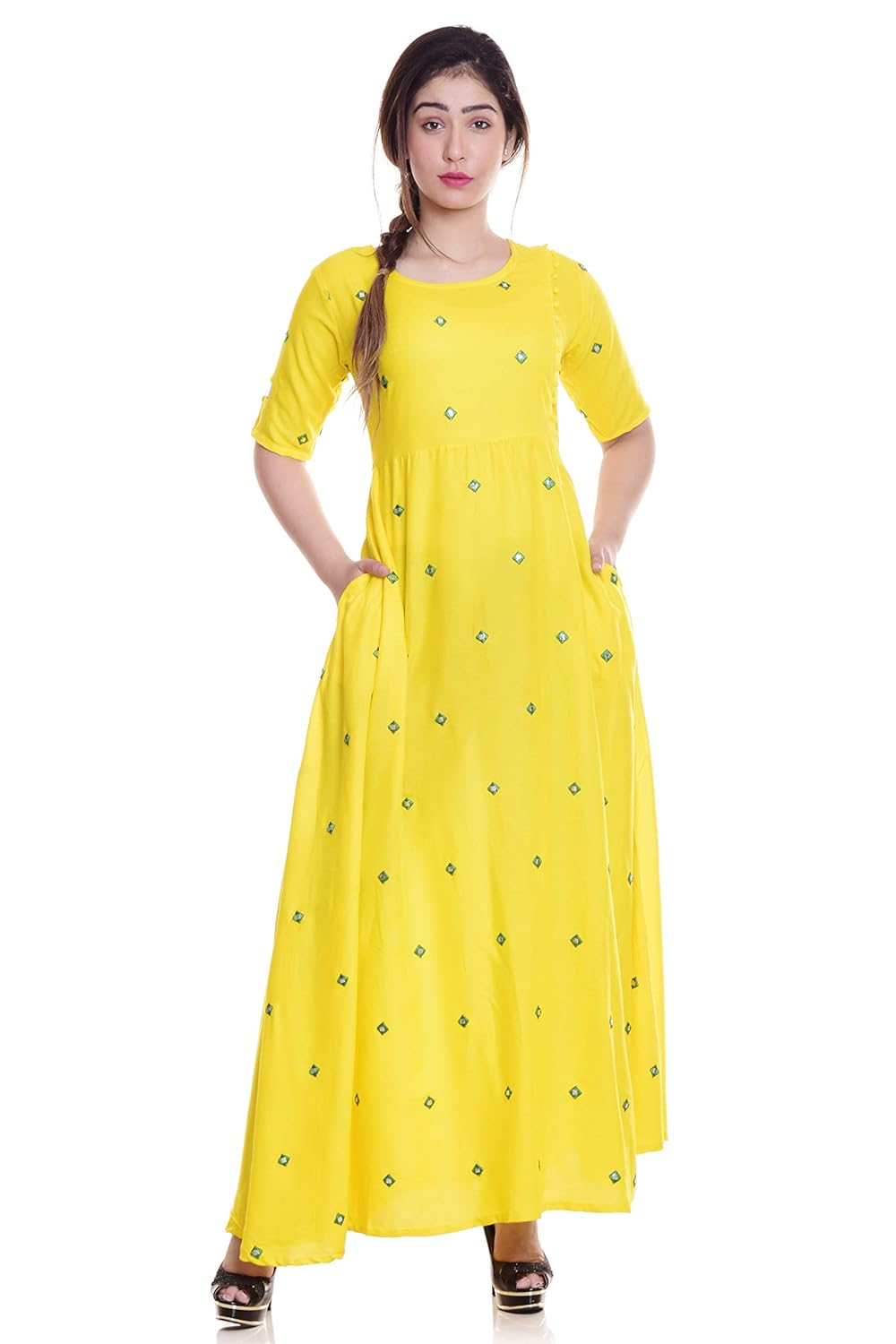 fashioto women's long embroidered kurti, yellow