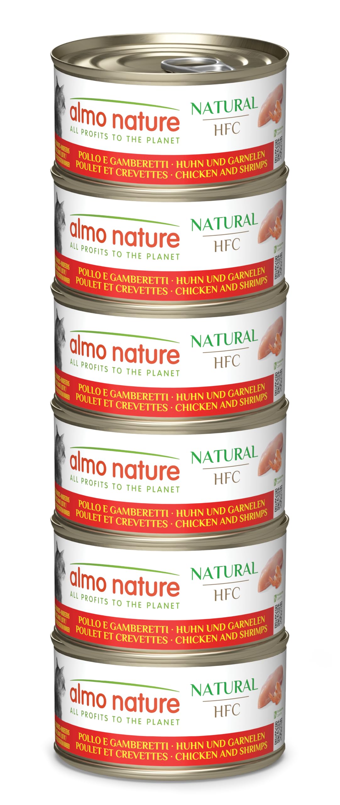 Almo Nature HFC Natural - Wet Cat Food - Chicken and Shrimps - Human Grade, Gluten Free - 70g, Pack of 6