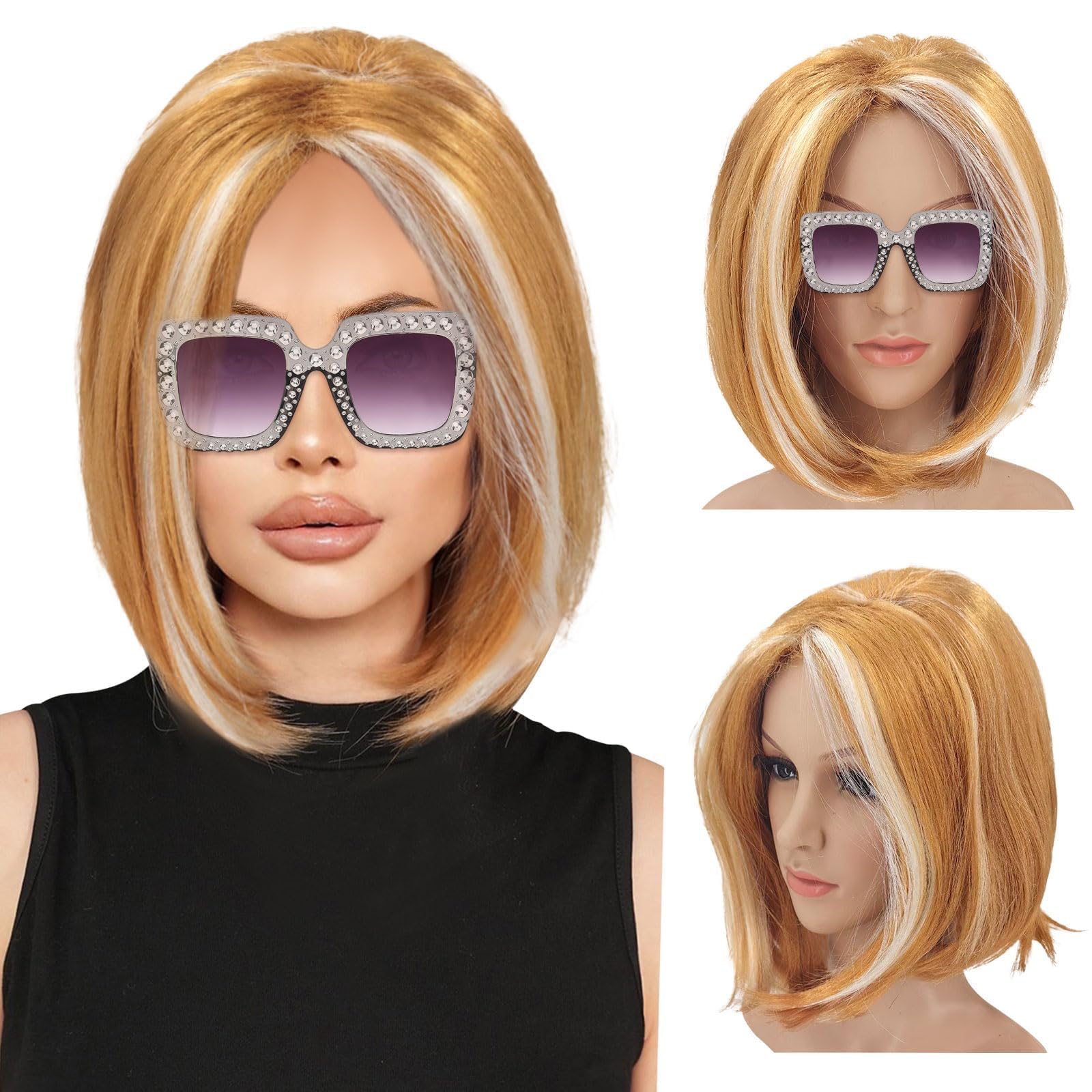 UILYNIU Ginger Wig and Sunglasses, Party Fancy Dress Blonde Wig with Blonde Streaks for Women 90s Dress Up Costumes Accessories Adult For Halloween Carnival Cosplay