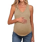 Tankaneo Womens Maternity Tank Tops Sleeveless V Neck Ribbed Knit Shirts Fitted Summer Casual Curved Hem Pregnancy Clothes