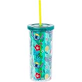 Silver Buffalo Disney Lilo and Stitch Tropical Plastic Cold Cup with Lid and Straw, 20 Ounces