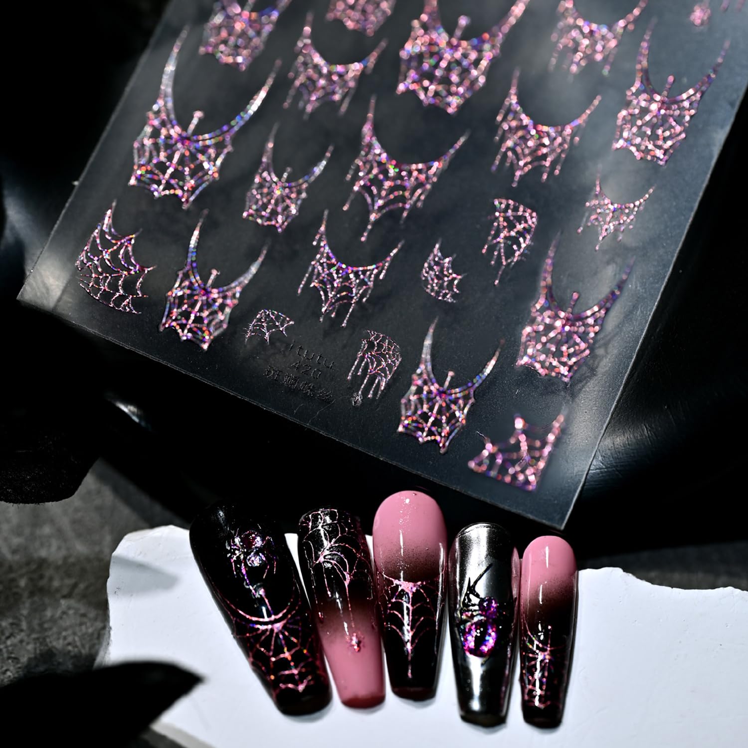 Photo 1 of 1 Sheets Halloween Nail Stickers for Nail Art 5D Self-Adhesive Embossed Pink Spider Web Nail Art Stickers Halloween Spider Web Nail Decals Glitter Nail Design Sticker for Women DIY Nails Decoration