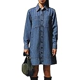 YEXPINE Women's Denim Shirt Mini Dress Long Sleeve Button Down Tunic Jean Dress Casual Loose Shift Short Dresses