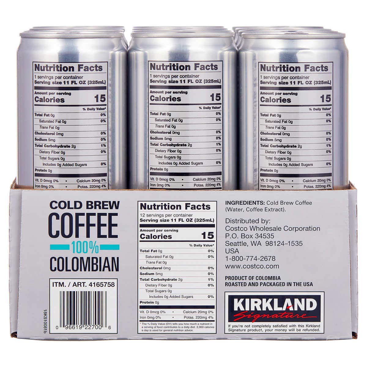KIRKLAND SIGNATURE Signature Cold Brew Colombian Coffee 12 Cans /11 Fl Ounce Net Wt 132 Fl Ounce: Grocery & Gourmet Food